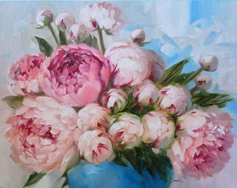 Original Pink Peony Oil Painting on Canvas 12x16 inch, Floral Still Life Art