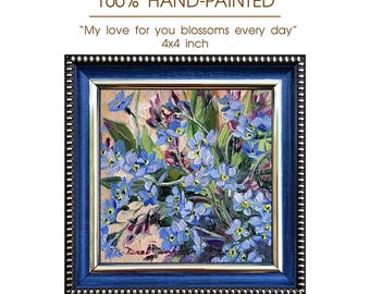 Forget-me-not Flowers Oil Painting Original Artwork 4x4, Small Art Framed