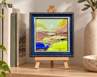 Mini Original Oil Painting 4x4", Abstract Landscape, Textured Mountain Art Yellow Clouds Artwork, Choice of Frame, Secret Santa Gift