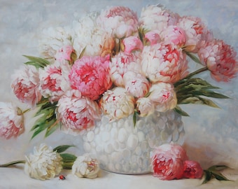Peony painting, Extra Large floral oil paintings on canvas original, Peony flowers in white vase painting, Wide canvas wall art