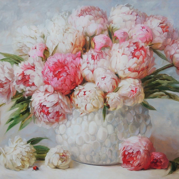 Pittura di peonia, Dipinti ad olio floreali extra large su tela originale, Fiori di peonia in vaso bianco, Arte murale su tela larga