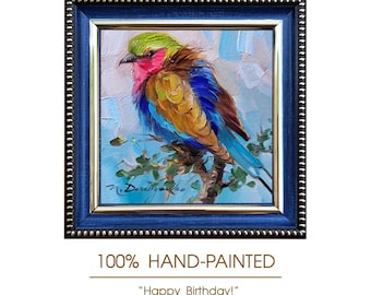 Pintura al óleo original de un pájaro rodillo de pecho lila, obra de arte enmarcada de 4 x 4 pulgadas.