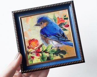 Bluebird oil painting original framed 4x4, Blue bird art miniature small wall art framed, Mothers day gift