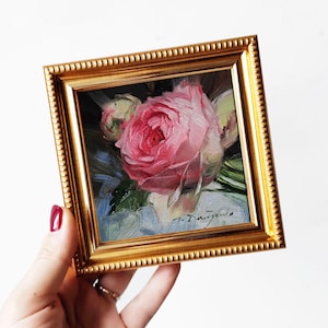 Pintura de rosa original, arte rosa de 4x4, pequeña pintura al óleo de flores vibrantes, arte en miniatura para decoración de pared, regalo de cumpleaños, arte de pared de rosas