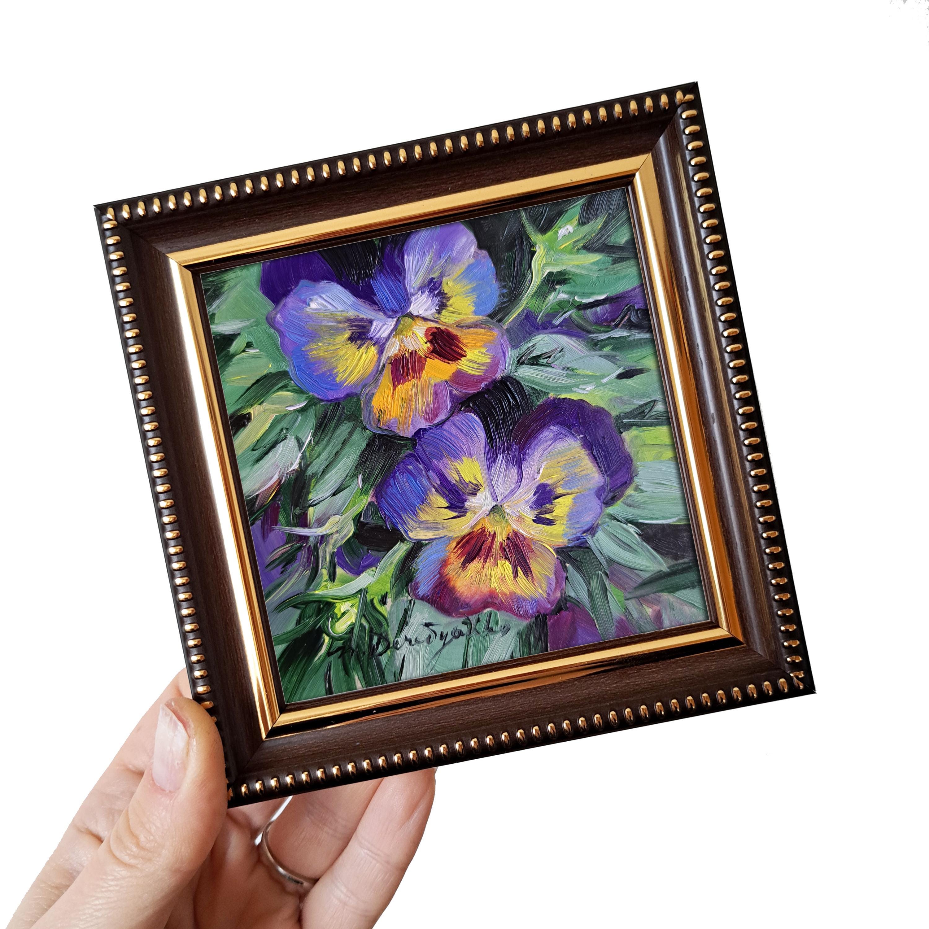 紫色の花の油絵オリジナルアート 4x4、パンジーの小さなアートフレーム