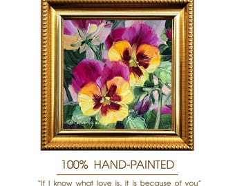 オリジナル油絵、紫のパンジーの花のアート、4 x 4インチの額装済み作品