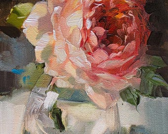 Red Rose Oil Painting, Floral Impressionist Artwork 5x7 inch