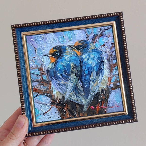 Schwalben Vögel Malerei original Öl Kunst gerahmt 5x5, Zwei Vögel Kunst Malerei, paar Liebe Kunst Geschenk zum Valentinstag