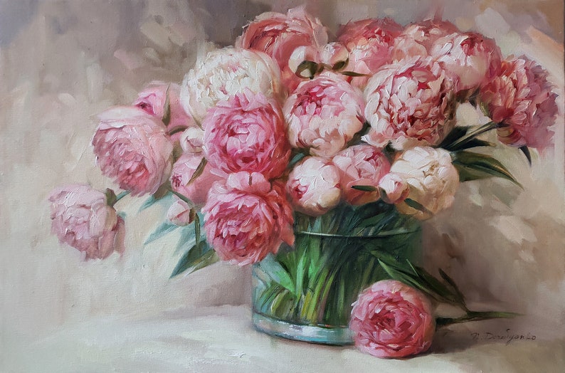 Peony painting, Oil painting original, Large floral paintings on canvas original, Peonies in glass painting, Wide canvas wall art decor image 1