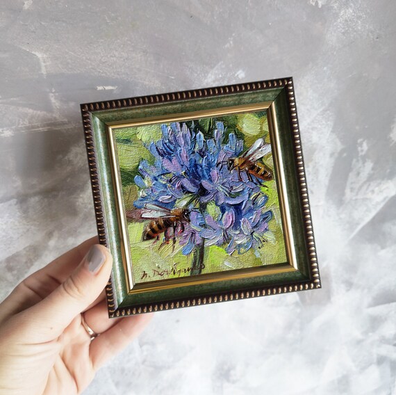 Bee artwork, Bee art painting original, Couple gift idea anniversary, Blue flowers painting, Small painting of animals, Bee picture frame
