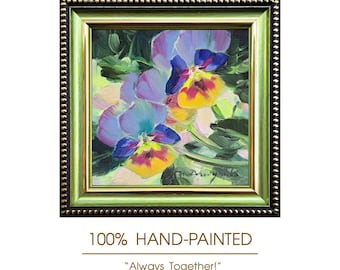 Original Oil Painting Pansies, 4x4 Framed Floral Artwork, Impressionist Garden Art