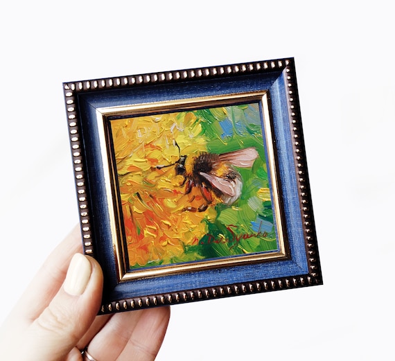 Bumblebee Painting Original 3x3, Bumble Bee Art Tiny Oil Painting