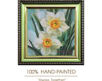 Original Daffodil Oil Painting, Framed Yellow Flowers Wall Art, 4x4 Inch Impressionist Decor