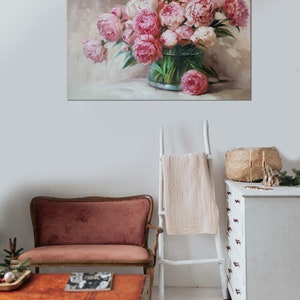 Peony painting, Oil painting original, Large floral paintings on canvas original, Peonies in glass painting, Wide canvas wall art decor image 2