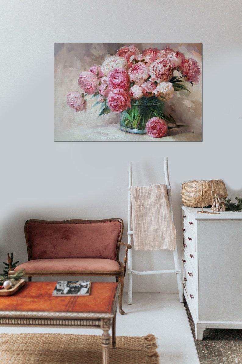 Peony painting, Oil painting original, Large floral paintings on canvas original, Peonies in glass painting, Wide canvas wall art decor image 2