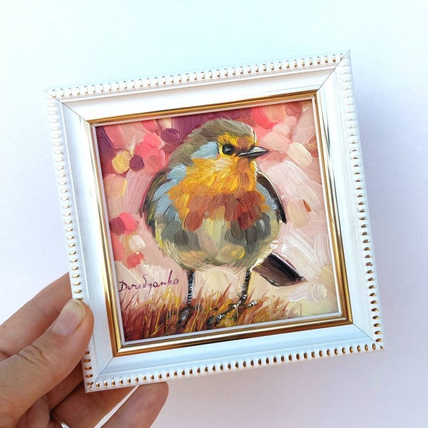 Rotkehlchen Vogel Kunst Malerei, Miniatur Malerei 4x4 Vogel Malerei Original, Geschenk für Papa