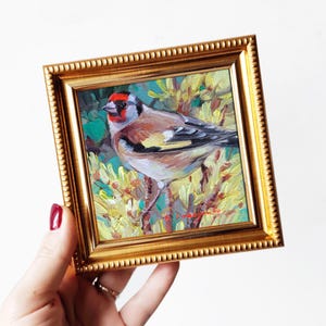 Goldfinch bird painting original, Miniature paintings oil birds wall art, Small paintings 4x4 framed artwork green tiny Gift for Mom
