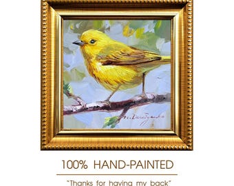 Original Oil Painting American Goldfinch Bird, Miniature Framed Wall Art (4x4 inch)