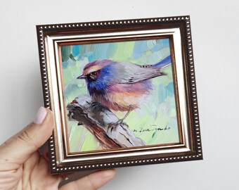 オリジナル油絵の鳥のアート、青い額縁、4 x 4インチの動物