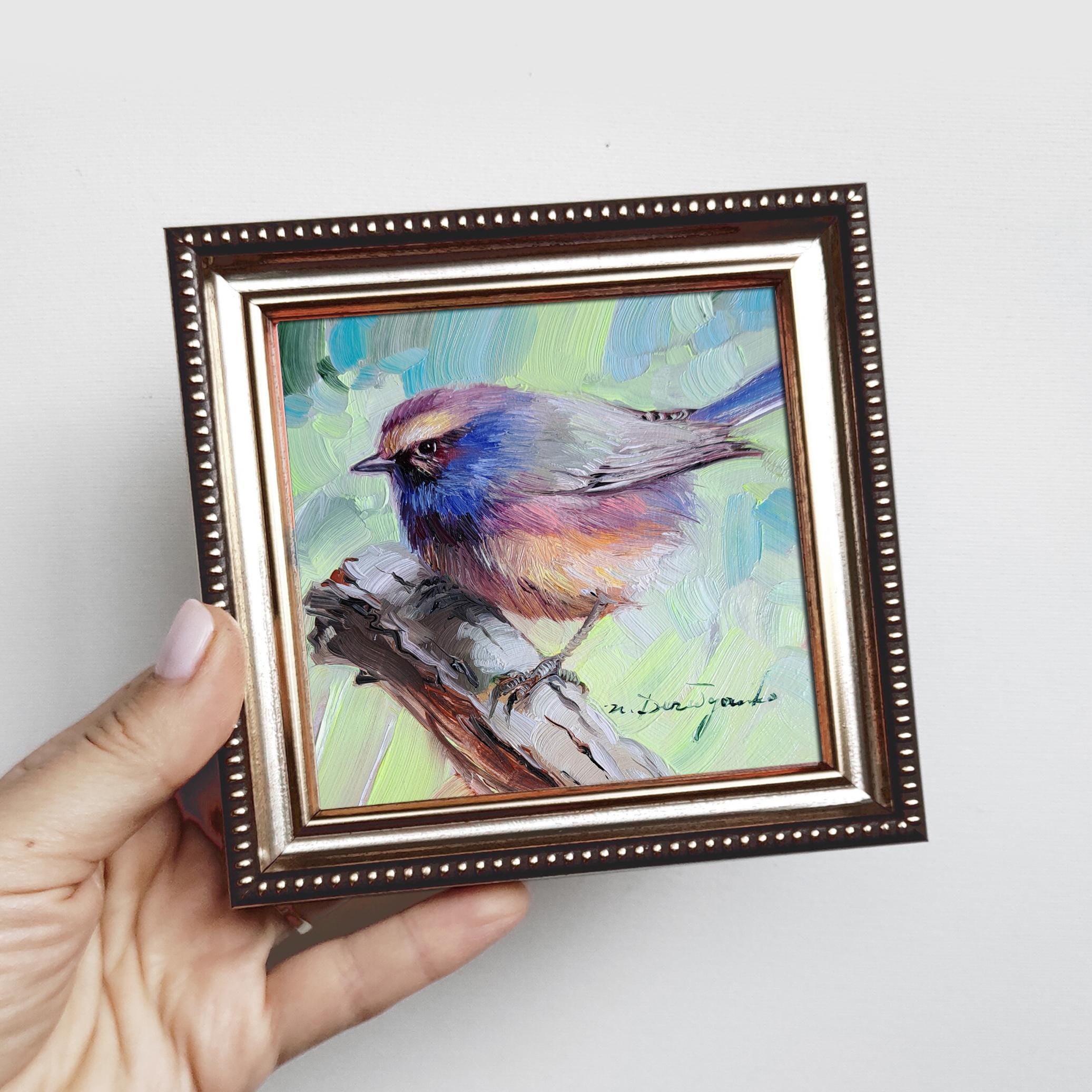 オリジナル油絵の鳥のアート、青い額縁、4 x 4インチの動物