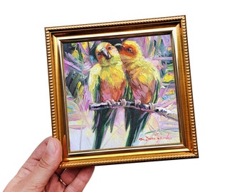 Birds parrot painting original oil art framed 5x5 inch, Small canvas artwork Love art gift for anniversary