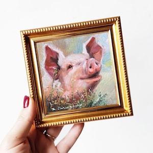 Pig oil painting original art 4x4, Animal small painting frame, Nursery wall art piggy lover gift