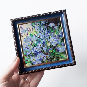 Forget-me-not flower oil  painting original gift long distance, Floral oil painting blue frame, Small framed art wall hanging 4x4
