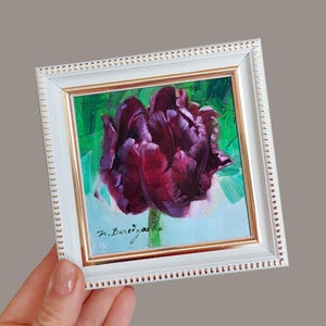 Tulip flower paintings miniature original 4x4 wall art Birthflower gift for city clerk, Floral unique artwork Small framed purple flower art