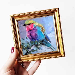 Bird painting original 4x4 Lilac-breasted Roller bird small frame art gold frame, Small oil miniature paintings bird, Birthday gifts for her