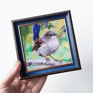 Fairywren art bird oil painting original 4x4, Miniature bird art small, Colorful bird tiny in frame, Bird on branch artwork, Bird artwork