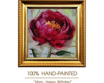 Original Framed Peony Oil Painting, 4x4 Inch Floral Wall Art