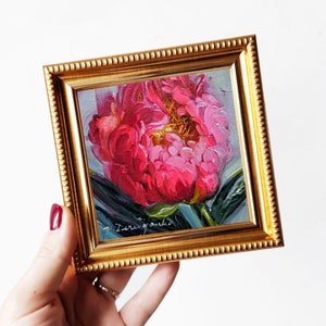 Peony original oil painting framed 4x4, Small painting hot pink flowers, Unique peony wall art, Floral art Valentines day gift for women