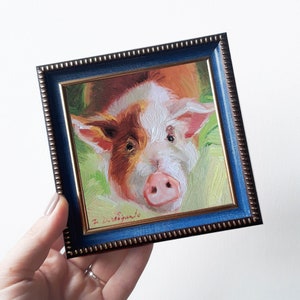 Cute pig oil painting original art 4x4, Animal small painting frame, Nursery wall art piggy lover gift - How are you?