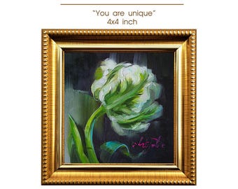 Original Oil Painting Tulip Flower Art 4x4 inch, Framed Wall Decor Impressionist Floral Artwork