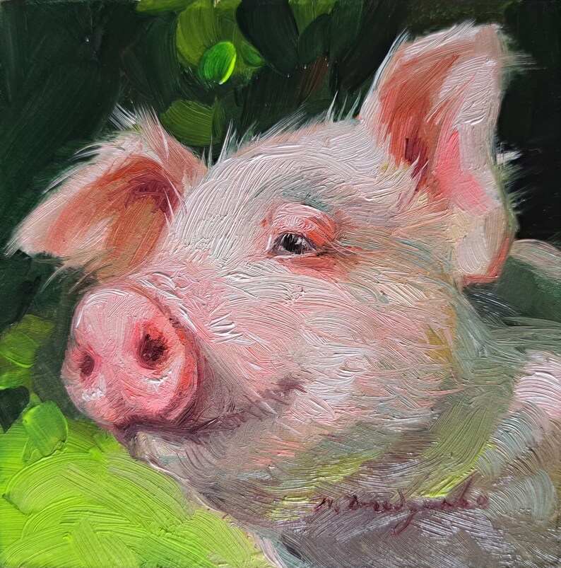 Original Pig Oil Painting 4x4", Miniature Piglet Portrait in Different