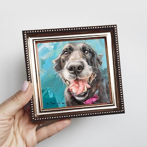 White dog animal painting 4x4 inch frame, Labrador pet oil painting original framed artwork, Pet portrait oil art mini gift for owner