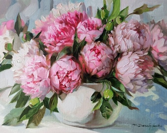 Pink peony painting original canvas art, Flowers art painting, Floral still life, Flower in white vase, For her