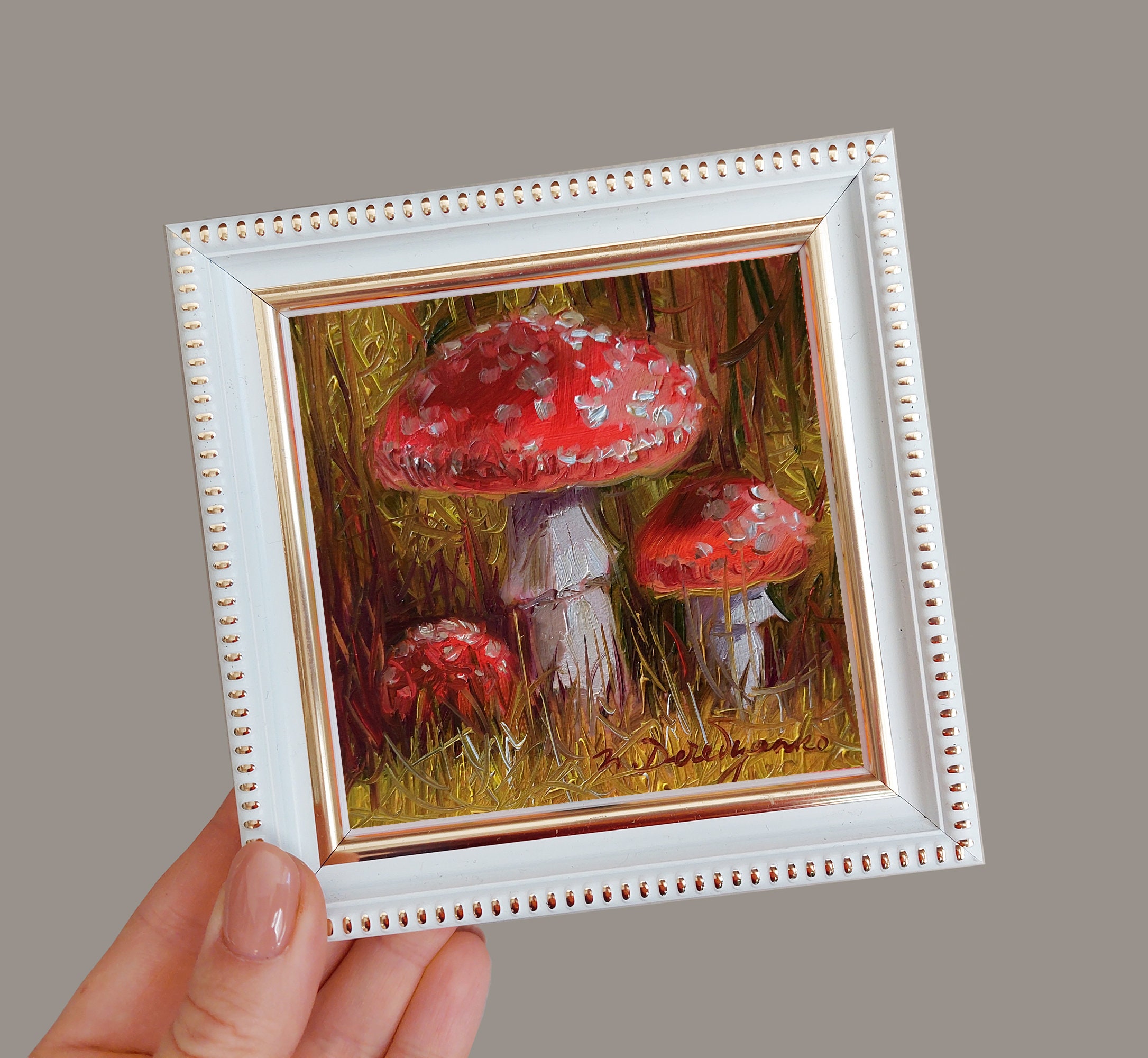 Mushroom painting original oil small framed art Fly agaric artwork, Mushroom gift cute little painting