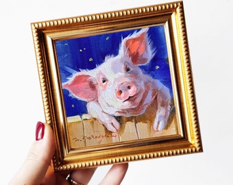 Pig oil painting original artwork 4x4, Animal small painting frame, Nursery wall art piggy cute gift for best friend