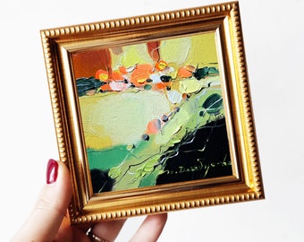 Abstract painting small framed art, Original oil painting Abstract Landscape, Small wall art tiny painting Birthday gift, Small framed art