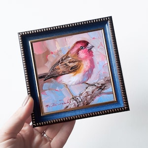 Rosefinch bird oil painting original 4x4, Miniature art birdie small artwork, Little pink bird picture framed Bird on branch, Birthday gift