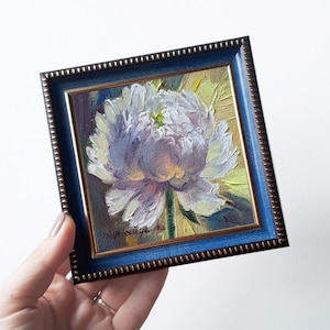 Peony original oil painting framed 4x4, Small painting white flowers, Unique peony wall art, Floral art birthday gift for best friend