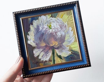 Peony original oil painting framed 4x4, Small painting white flowers, Unique peony wall art, Floral art birthday gift for best friend