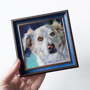 Custom pet portrait White dog animal painting frame 4x4, Pet oil painting original framed artwork, Pet portrait oil art mini gift for owner