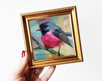 Hot pink Robin bird art painting original, Bird miniature painting in oil, Gift for bird lovers