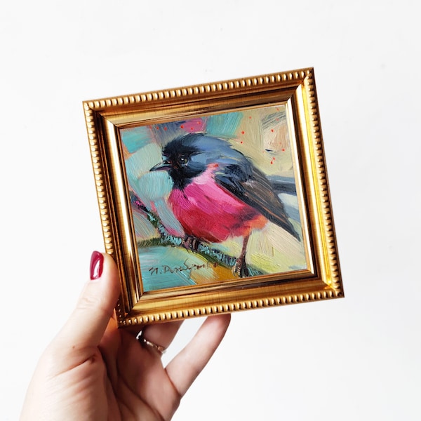 Pink Robin Vogel Kunst Malerei Original, Vogel Miniatur Malerei in Öl, Geschenk für Vogelliebhaber