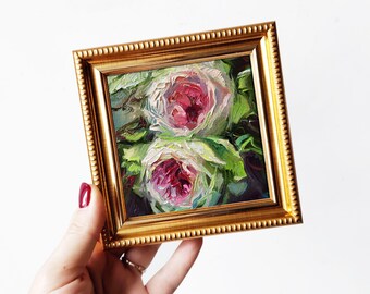 Rose painting original art, Rose painting oil framed, Gift for sister, Mini painting on easel, Miniature painting flowers art