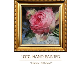Original Oil Rose Painting, Pink Floral Art, 4x4 Inch Miniature Wall Decor