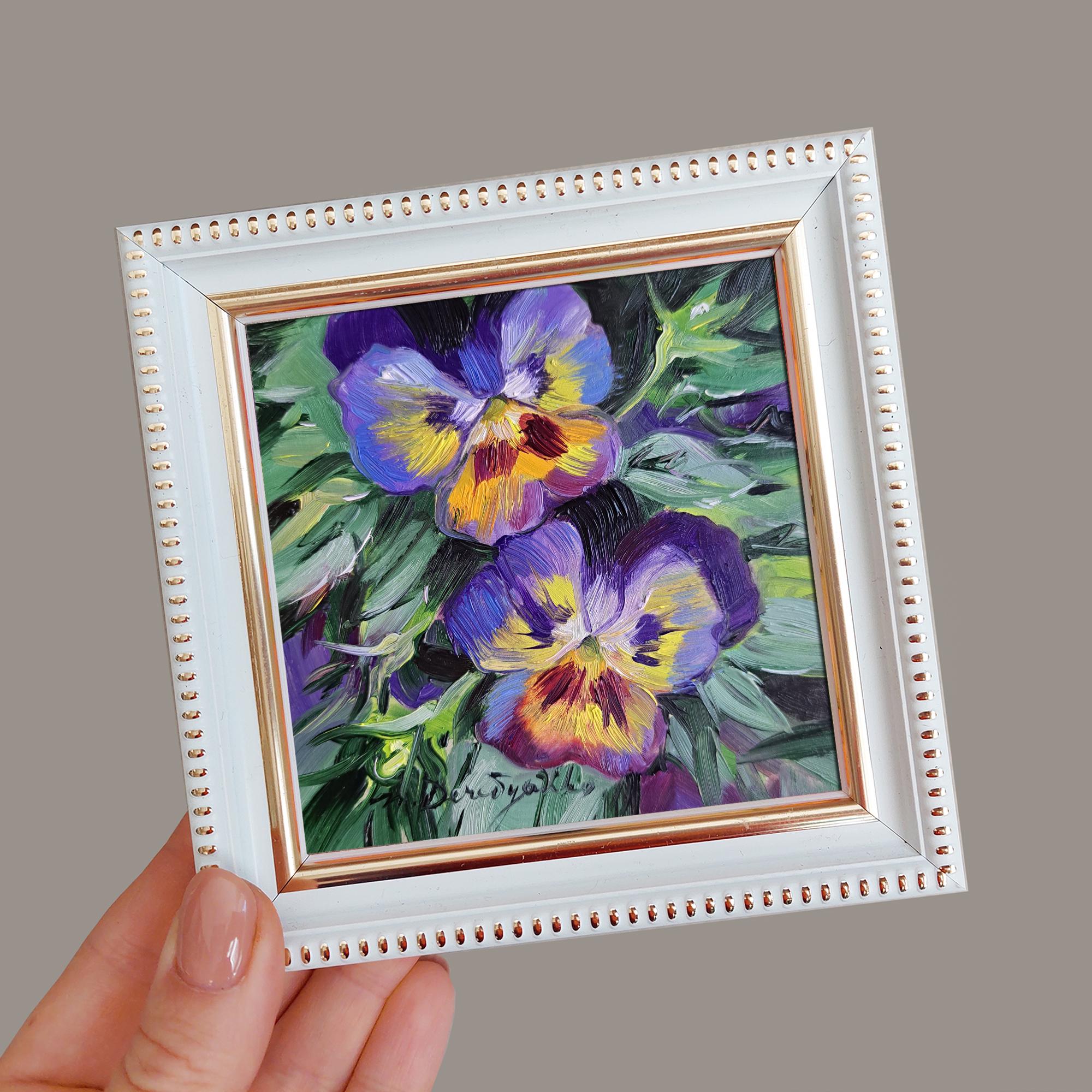 紫色の花の油絵オリジナルアート 4x4、パンジーの小さなアートフレーム