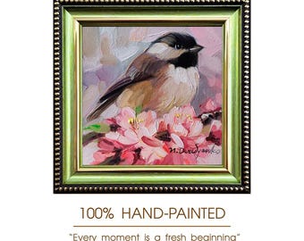 Original Oil Painting Chickadee Bird Blossom Branch Art (4x4 Inch)